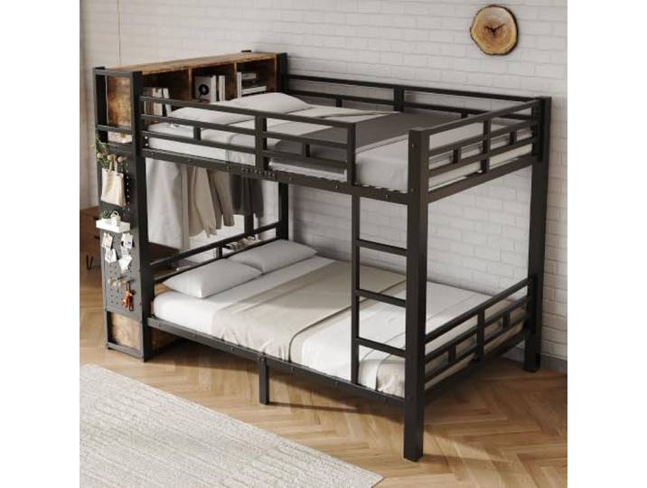 BXEYXE Schwarzes Metall-Etagenbett 120x200 cm mit Stauraum, Kleiderstange, Schublade, Lochwand und offenen Ablagefächern – Stockbett mit multifunktionalem Aufbewahrungssystem