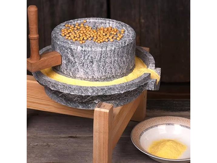 NUNETH Getreidemühle Große Blausteinmühle, Haushaltsbohnenmühle, Handgemachte Steinmühle/Pastenmühle/Getreidepulverisierer, Manuelle Trocken-/Nassmühle mit Holzrahmen