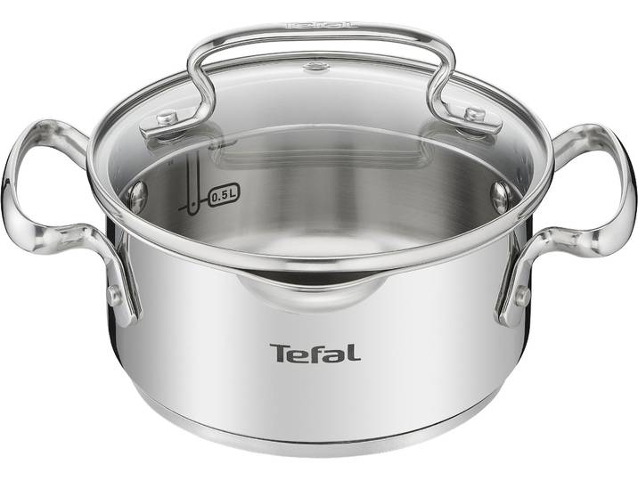 Kochtopf TEFAL Duetto+ , grau (edelstahl), H:8cm Ø:16cm, Töpfe, Kochtopf, hochglanzpoliert, Glasdeckel mit Siebfunktion