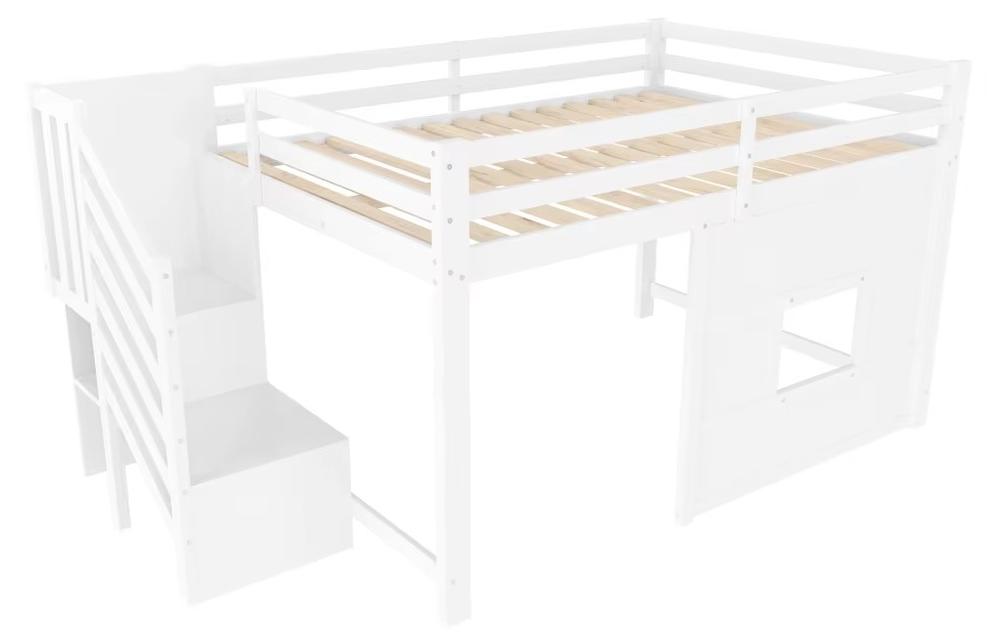 Kinderbett 140x200 cm - Stauraum - Treppe - Dekoratives Fenster - Sicherheitsgeländer - Weiß