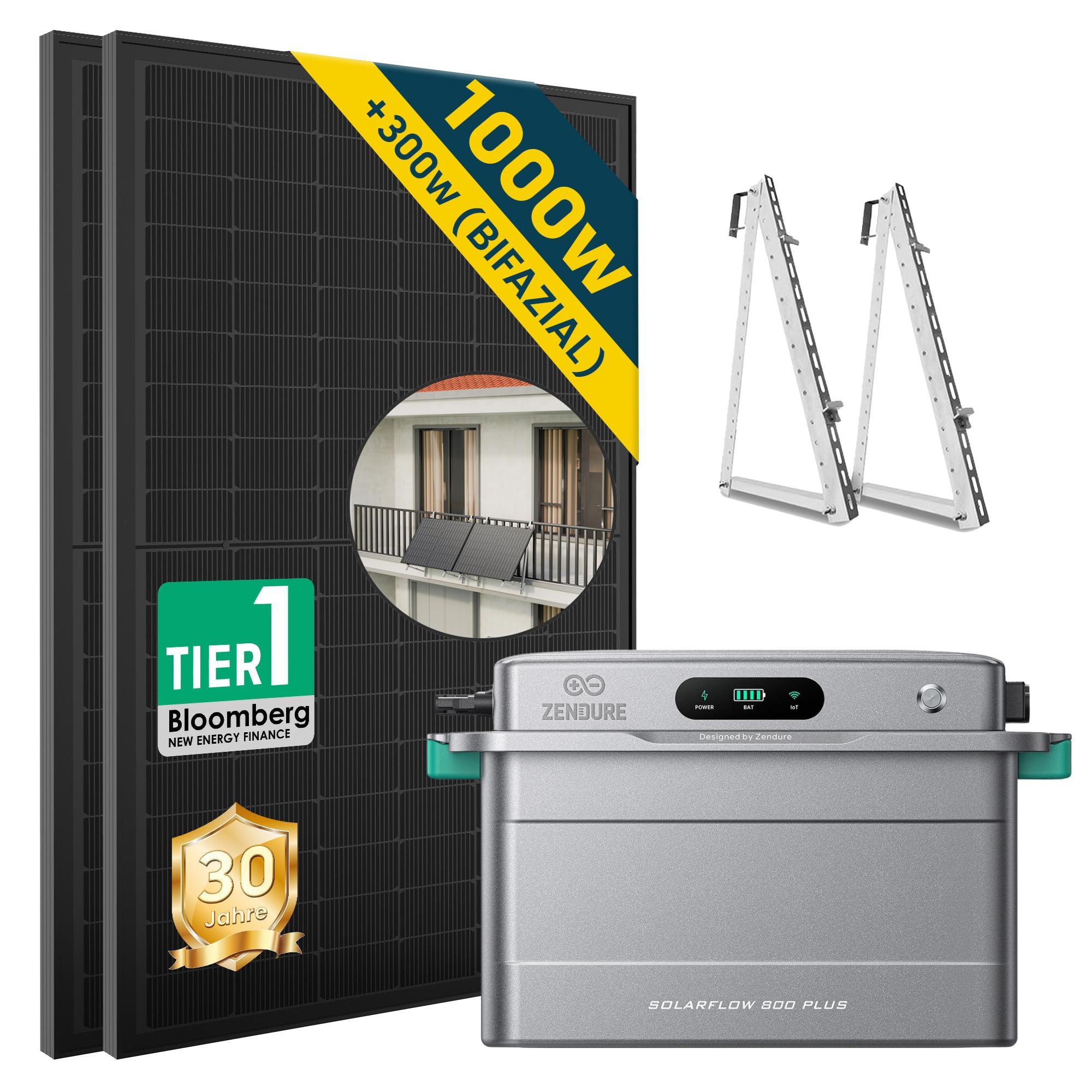 ALLDREI Balkonkraftwerk mit Speicher Zendure SolarFlow 800 PLUS 1.92kWh, 2 MPPT, Komplettset mit 2*500W Bifazialer Solarpanel