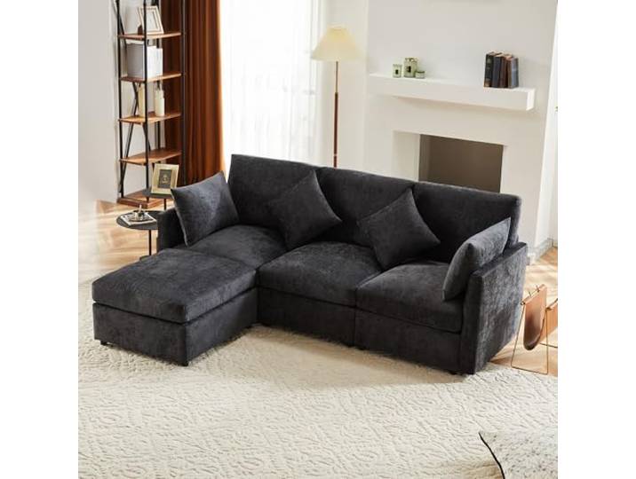 VILUXE Ecksofa 4-Sitzer Chenille mit Hocker Modular Grau Modulares Ecksofa mit Hocker, Chenille Bezug, Wohnzimmer und Büro, flexible Sitzkombination