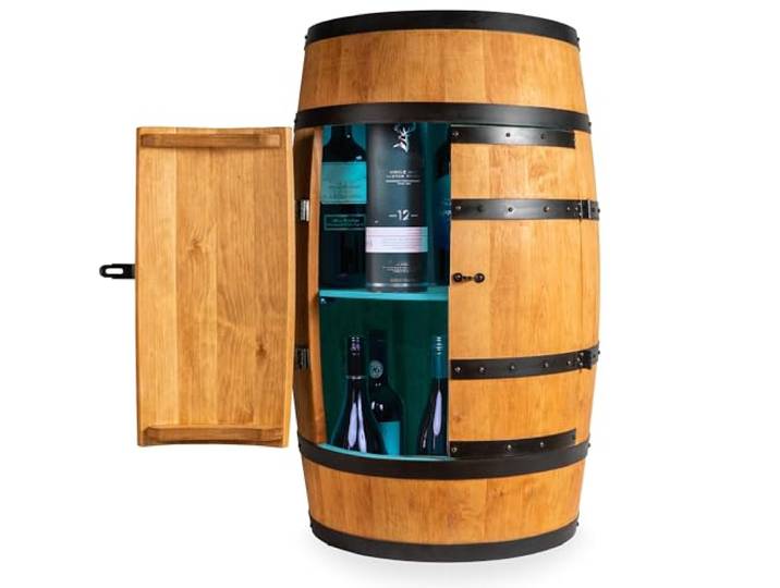 CREATIVE COOPER Weinregal Holz mit Tür mit LED RGB - Alkoholschrank Flaschenregal Holz - Holzfass - Fassmöbel - Weinständer - Weinfass - Weinbar - Fass bar mit Tür - minibar 80 cm High (Eiche)
