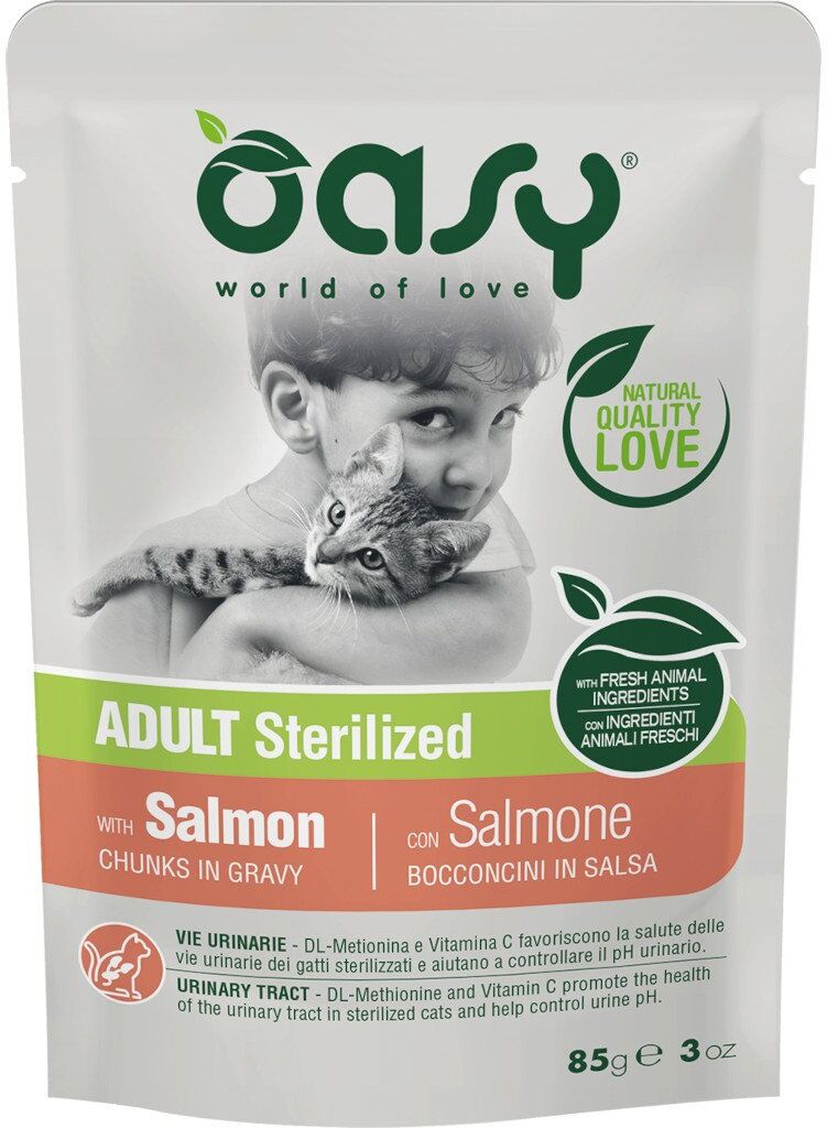 85 gr Oasy Alimento Completo Cibo Umido Bocconcini in Salsa Adult per Gatti Adulti Castrati o Sterilizzati con Salmone in Busta Gluten Free