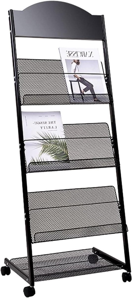 Verrijdbaar Tijdschriftenrek en Displayrek voor Documenten, Zwart, Hoogte: 128 cm