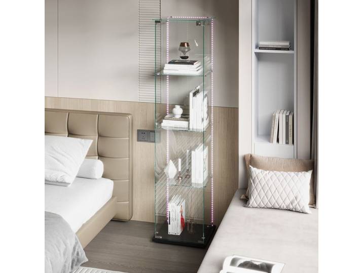 Vitrine en verre LED Armoire à vitrines avec 4 étagères 1 porte Vitrine moderne pour collection ou décoration Noir