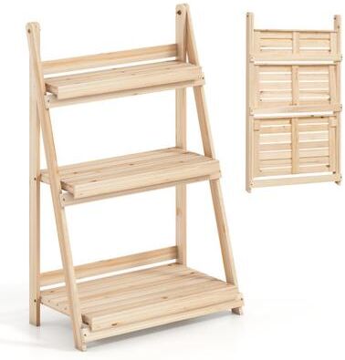 Costway 3-Tier Foldable Plant Stand with Slatted Shelves and Fir Wood Frame-Natural