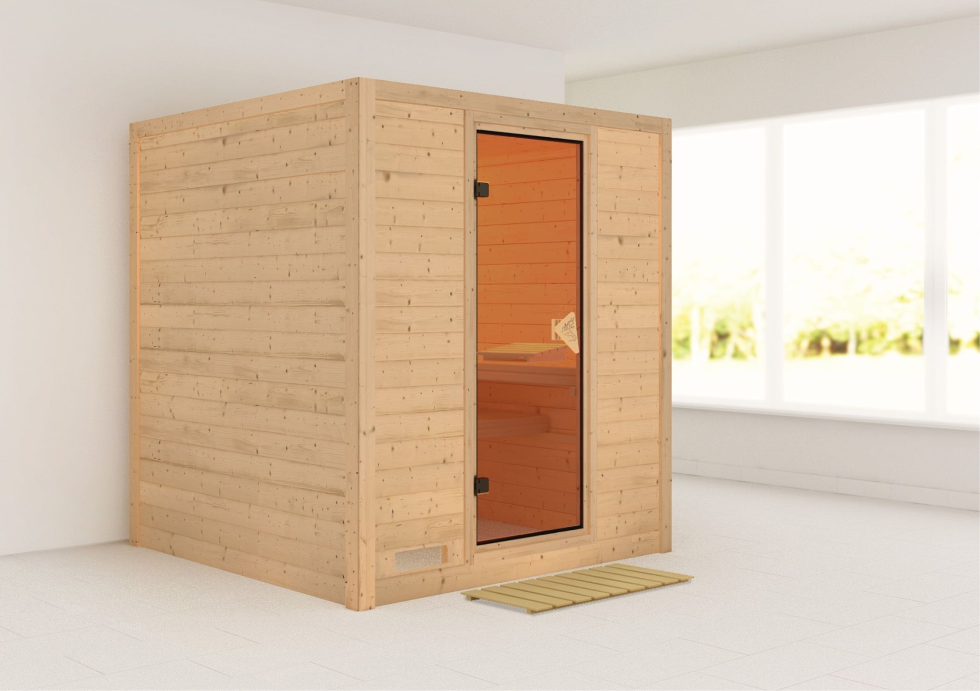 Karibu Sauna Innensauna Mojave Fronteinstieg ohne Zubehör 196x195x200 cm ohne Dachkranz mit Bronzierter Tür