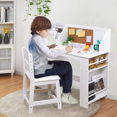 YUN White Study Desk & Chair Set for Kids, Learning Desk with Bookshelf, Bulletin Board & Cabinets (Ages 3–8)