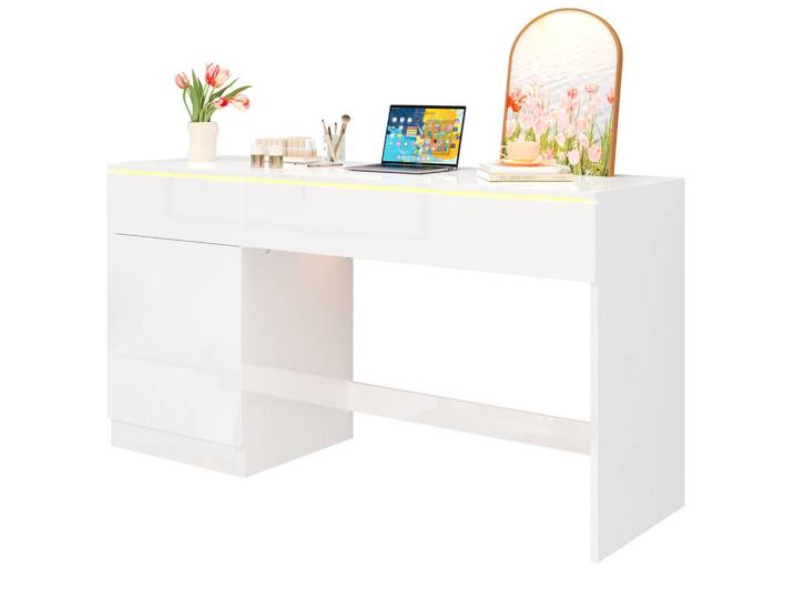 Gisaae Schreibtisch Computertisch mit LED Beleuchtung 120x50 cm, Weiß, 120x78x50 cm, Büromöbel, Schreibtische, Schreibtische