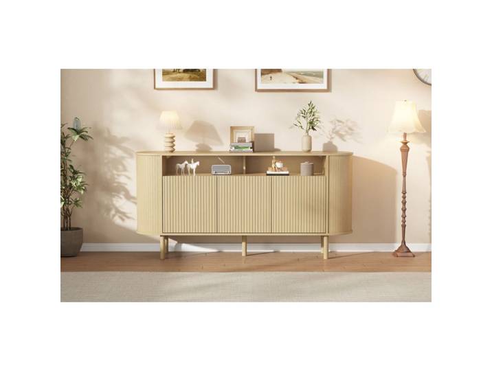 Buffet Bas 3 Portes avec 2 Niches Ouvertes 160 cm - LPOSPI - 75 kg Pieds en Bois Panneaux de Particules Naturel