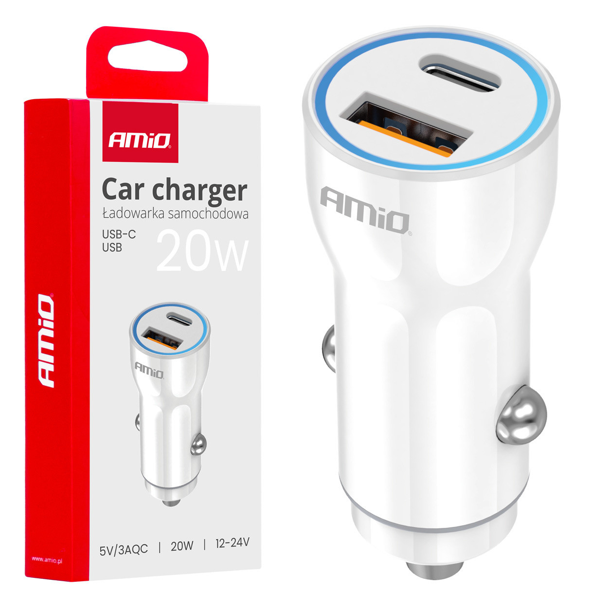 AMiO USB-A + USB-C autolader 20W met snelladen QC en elegant design