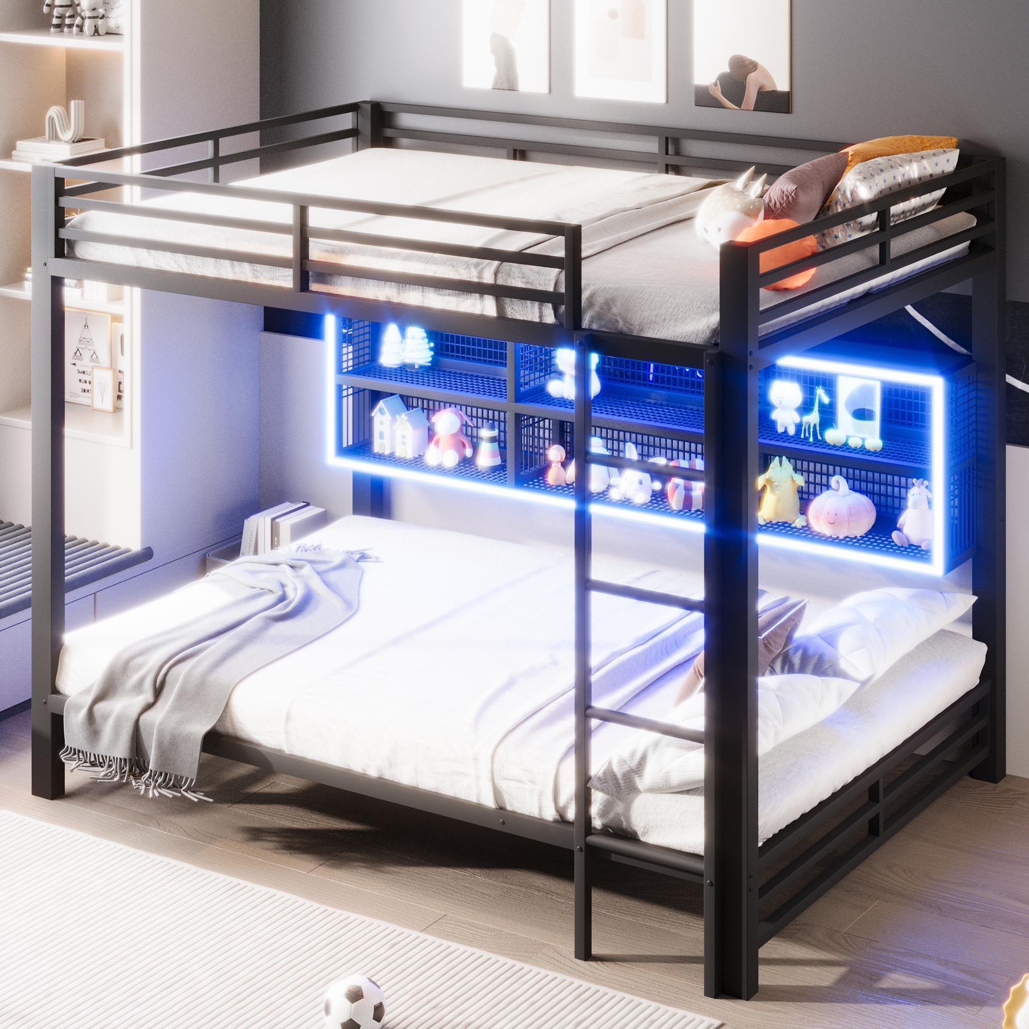 MODFU Jugendbett 140x200 cm mit Stauraumschränken und mit LED-Beleuchtung, Etagenbett mit Sicherheitsgeländer,praktisches Etagenbett für Familie,ohne Matratze,Schwarz