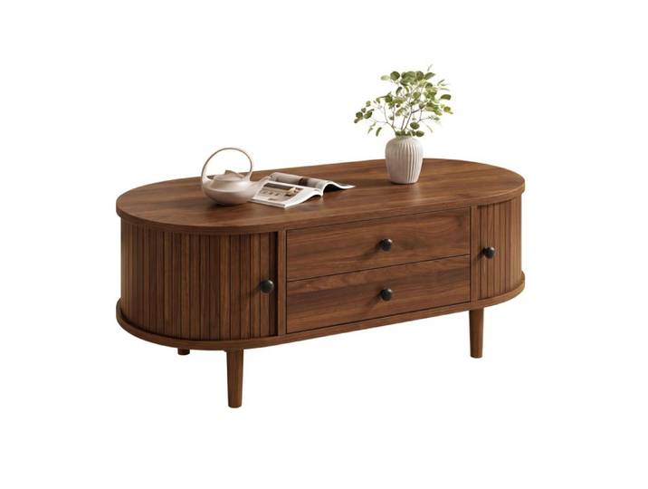 Table basse rétro ovale porte coulissante 2 tiroirs noyer pieds bois TABLE BASSE