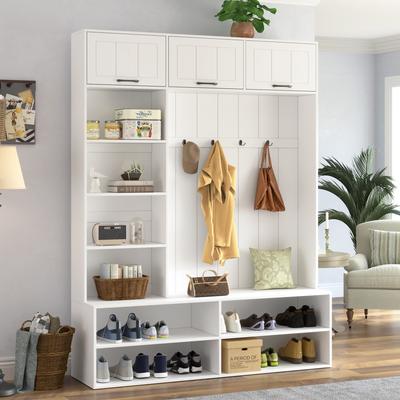 GDFStudio Valerian Wood Hall Tree with Bench and Adjustable Shoe Storage Organizer