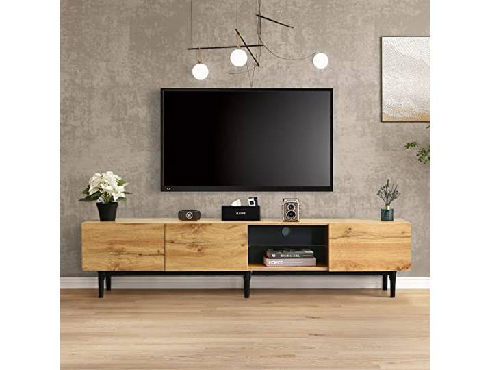 Merax TV-Schrank mit LED-Leuchten, Moderner TV Lowboard mit Holzmaserung, Fernsehtisch mit 3 Schränken, Industrie-Design, 175 x 31 x 41 cm, Helle Eiche