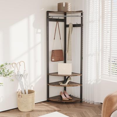 Garvee Corner Coat Rack with Shoe Bench, 6 Double Hooks & Storage Shelf, 3-in-1 Corner Hall Tree