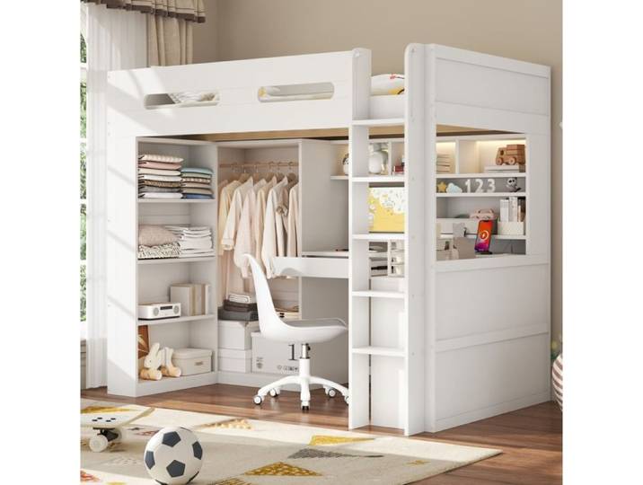 VUENOR Lit mezzanine 90x200 cm blanc – bureau intégré et rangements