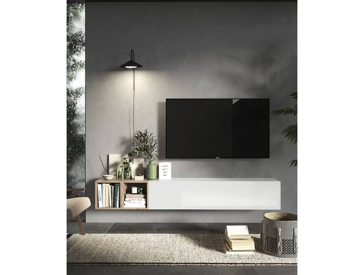 Wohnwand HOME AFFAIRE Infinity, 2tlg. Breite 194 cm, Höhe variabel, Wohnwand , weiss (weiß hochglanz lack, eiche cadiz nb), B:194cm H:29cm T:30cm, Kastenmöbel-Sets, Wohnwand, (Lowboard hängend, Würfelregal 2er Set)