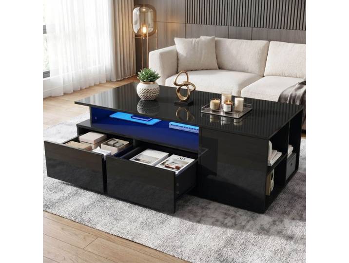 Table Basse Design avec LED RGB 100x50cm Finition Laquée Noir Rangement Multicouche 2 Tiroirs avec Cloisons Intégrées