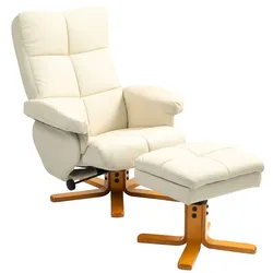 MODFU Relaxsessel mit Hocker Cremeweiß 86x80x99 cm mit Stauraum 145 Grad Liegefunktion 360 Grad drehbar ergonomisch gepolstert Holzrahmen