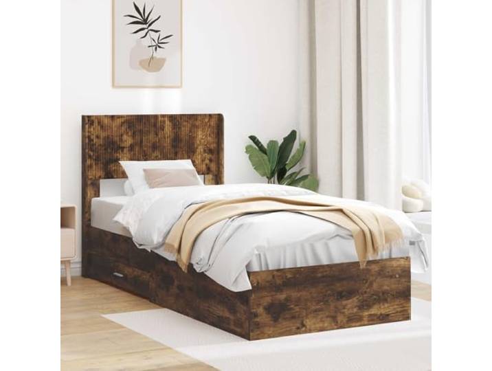RJPLMFV Bettgestell mit Stauraum und Kopfteil, raucheiche Lattenrost aus Sperrholz, strapazierfähiges technisches Holz, integrierte Aufbewahrung, modernes Design, einfache Wartung