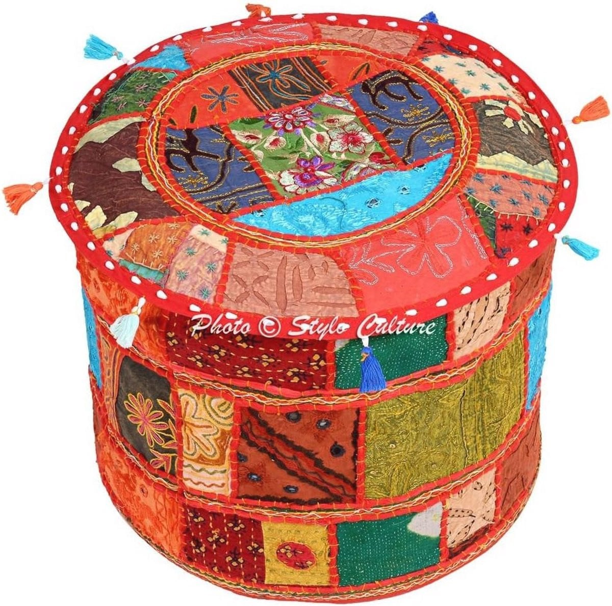 Ronde Vintage Ottomaanse Poef Cover met Patchwork Katoen voor de Woonkamer
