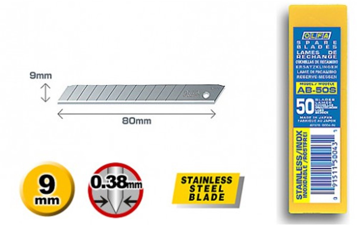 Olfa Reserve mesjes van RVS, klein (9 mm), hoog (AB-50S), 50 stuks per koker