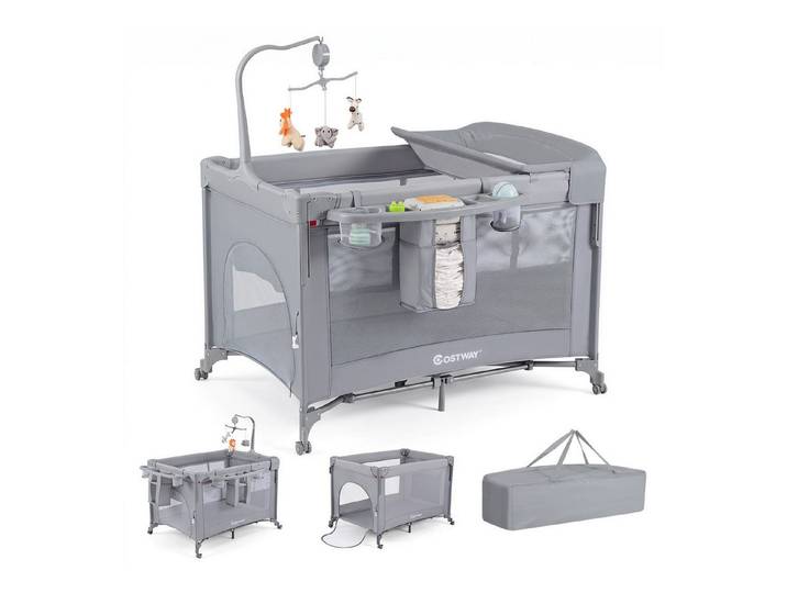 COSTWAY Baby-Reisebett Babybett Beistellbett, klappbar, mit Wickeltisch, Rollen, Ablage & Tragetasche