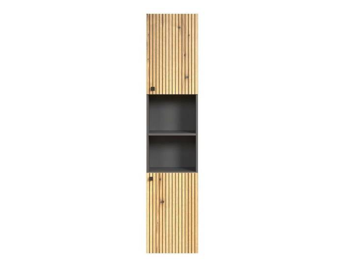 CALICOSY - Colonne de salle de bain rainurée 2 portes 2 niches H186 cm - PUREBLISS - Chêne blond/ Gris anthracite/ Noir