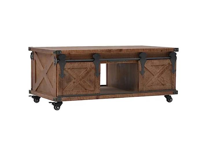 GHVBNMF Couchtisch Massivholz Tanne 91x51x38 cm Braun mit Rollen Rustikaler Beistelltisch aus Tannenholz mit Hängetür und 4 flexiblen Rollen für Wohnzimmer und Büro.