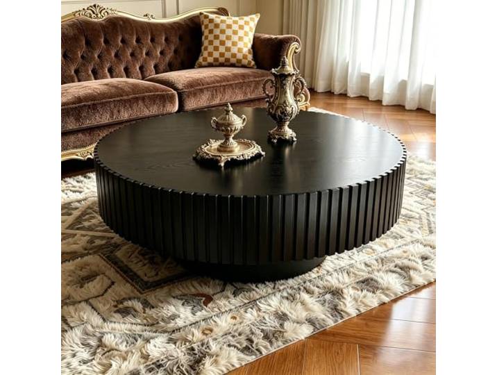 RZTPYS Moderne Geriffelte Couchtisch, Schwarz Rund D80cm Geriffelter Trommel-Zentraltisch Aus Massivholz Mit Stabiler Basis, Industrielle Couchtische Für Wohnzimmer, Wohnung Und Büro