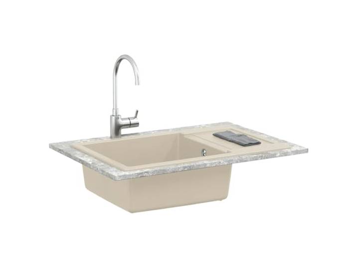 Küchenspüle, Beige, 780 x 500 mm, Granit, 80 % Quarz, 20 % Harz Einzelwanne, Einbaumontage, Ablaufgarnitur, Siebkorbventil, Innengebrauch, Wartung mit feuchtem Tuch