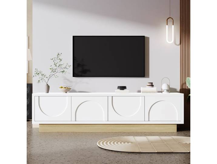 Meuble TV Blanc Moderne 175cm - Design Courbé Avec Grain De Bois 4 Portes Style Minimaliste
