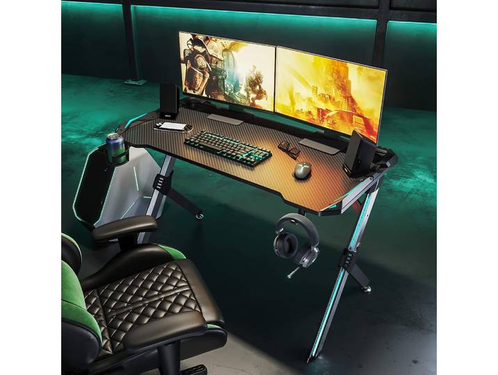 SIRHONA Bureau Gaming Table Ergonomique de Jeu Bureau d'ordinateur PC Gaming Table en Fibre, Forme T