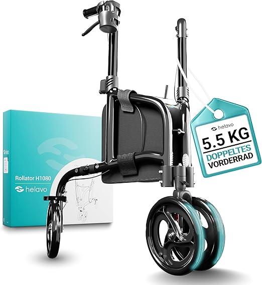 Aluminium Rollator mit 3 Rädern - Schmaler Dreiradrollator für Drinnen und Draußen - Inovatives Design mit doppelten Vorderrädern für mehr Stabilität - 5,5kg leicht