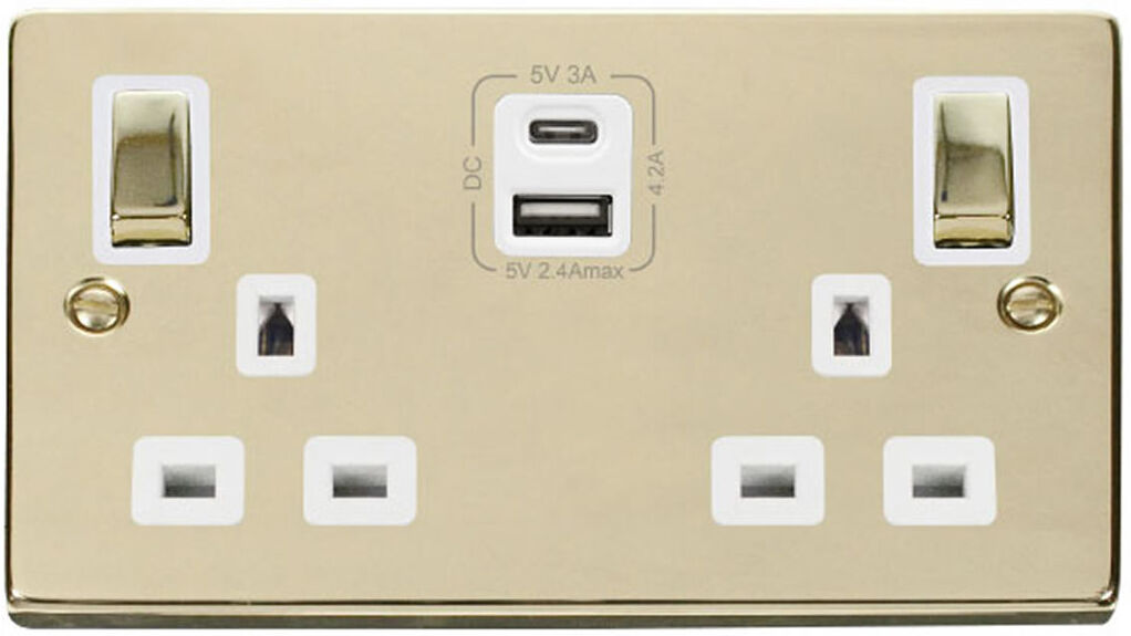 Marlow Home Co. Polished Brass 2 Gang 13A DP Ingot Type A & C USB Twin Double Switched Plug Socket Gold