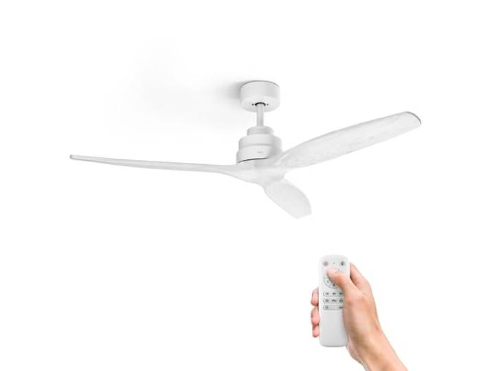 Ufesa Ventilateur de Plafond CFTB\, 40W\, 6 Vitesses\, Ultra Silencieux\, 3 Pales en Bois Naturel 132cm\, Fonction été - hiver\, Minuterie 8h\, Télécommande\, Blanc