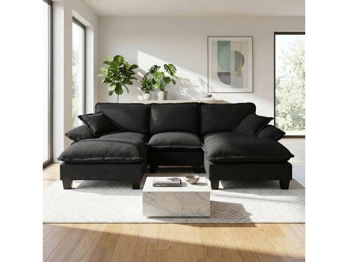 Luscriate - Canapé U modulable 5 places chenille cloud sofa 2 ottomanes coussins grand canapé design salon - Noir