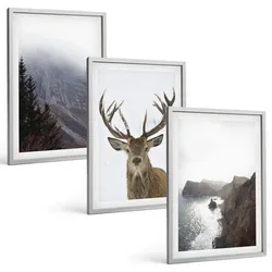 BILDER SET 3er Set - 40x60 cm Silberner Rahmen - Berglandschaft mit Hirschen