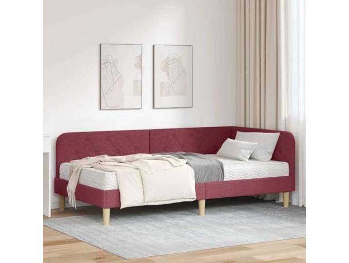 WDGJJFECNMUEHI Stoffbezug Eckbett L Form Schlafzimmer 90 x 200 cm Rot Eckbettgestell mit Matratze Weinrot 90x200 cm Stoff L-Form Schlafsofa mit Lattenrost für Schlafzimmer Gästezimmer