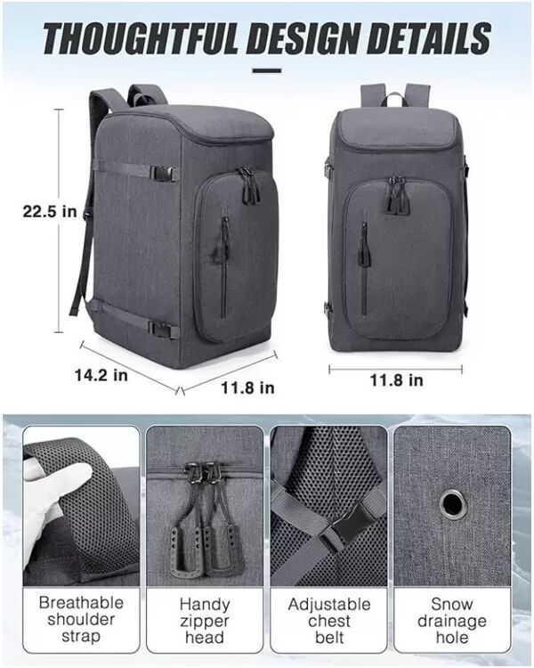 INF 60L Tragbare Multifunktionale Skischuhtasche - Outdoor-Sportrucksack aus Polyester Schwarz
