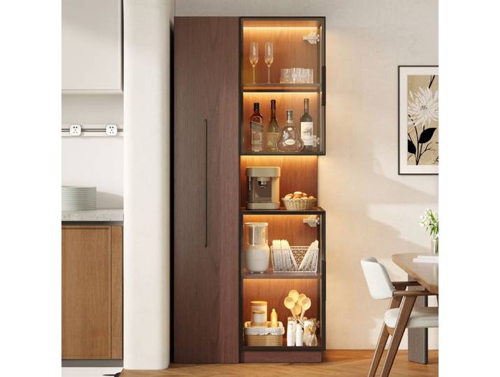 Vitrine éclairage LED 70x38x160 cm verre trempé MDF noyer double face Étagère coulissante Rangement salon bibliothèque cuisine