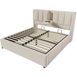 OKWISH Polsterbett Leinen Beige 140x200 cm mit Stauraum, Lattenrost, Matratze, Ladestation und klappbarem Becherhalter