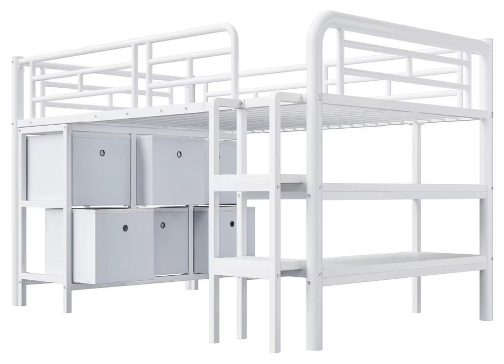 Kinder-Hochbett - Metallbett - 90 x 200 cm - Aufbewahrungsschubladen und Regale - Breite Leiter - Abgerundete Sicherheitskanten - Weiß