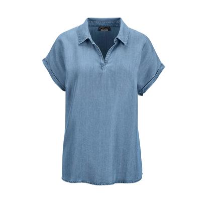 Schlupfbluse GOLDNER "Leichte Bluse in Denim-Optik für Damen", Damen, Gr. 42, blau (hellblau), Obermaterial: 100% Lyocell CLY., figurumspielend, keine/nicht relevant, Blusen Schlupfbluse, Denim-Optik