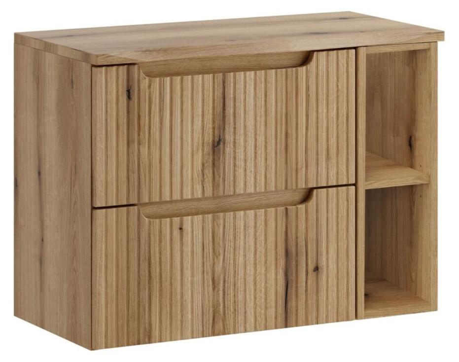 Set VANO Eichenholz hell 80cm: Unterschrank mit Schubladen und offenen Fächern + Waschtischplatte + Hochschrank