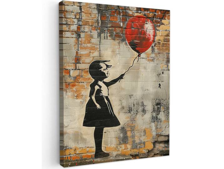 MuchoWow Leinwandbild - Graffiti - Banksy - Mädchen - Straßenkunst - 60x80 - Gemälde, Sandfarben, Textil, Kiefer, Abstrakt, Rechteckig, 60x80 cm, gerahmt, Bilder & Rahmen, Bilder, Wandbilder