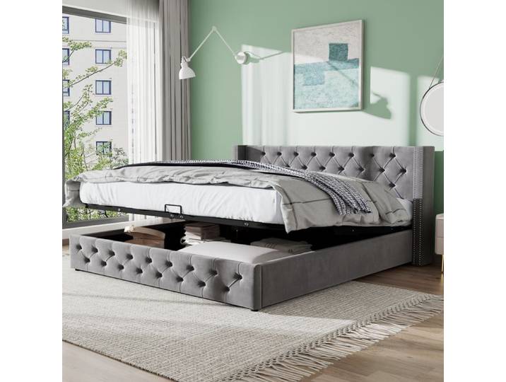 Lit capitonné - Chesterfield - 160x200 cm - Velours gris - Coffre hydraulique