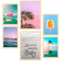 POSTER Set Mit 6 Sommer Leuchtende Strandfarben A3 & A4 Rahmen Aus Hellem Holz